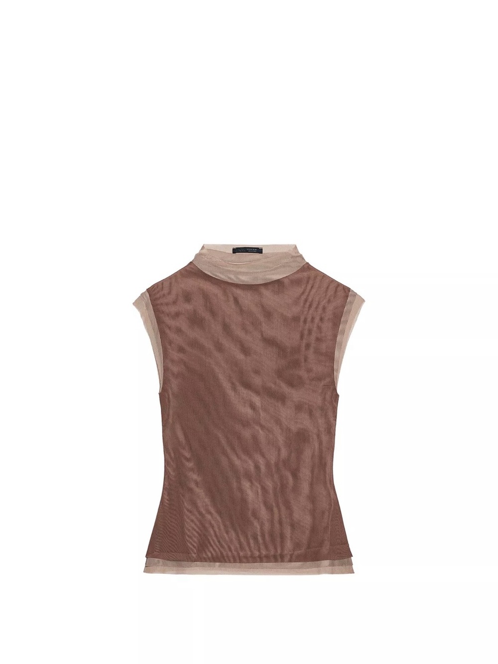 Zara Taupe Sheer Mock Neck Sleeveless Top